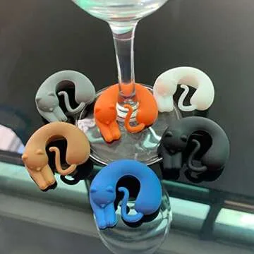 LB-LAIBA Cat Wine Glass Charms Tags, Animal Silicone Drink Marker Wine Glass Charms for Party Champagne Flutes Cocktails Martinis Home Use 6 Pieces