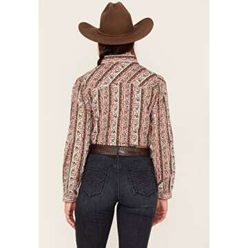 Cruel Girl Women's Paisley Stripe Long Sleeve Pearl Snap Western Shirt Red Large