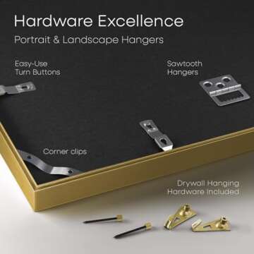 Homeforia 24x30 Picture Frame Gold, High End Metal 24 x 30 Poster Frames with 18 by 24 Mat Opening, 24x30 Gold Photo Frame Matted to 18x24 Print, 30x24 Large Frames, Tempered Glass, Wall Kit, Set of 1