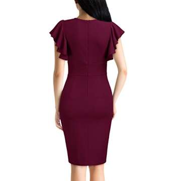 Knitee Women's Deep-V Neck Ruffle Sleeves Cocktail Party Pencil Slit Formal Dress