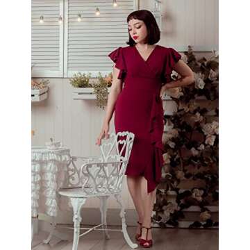 Knitee Women's Deep-V Neck Ruffle Sleeves Cocktail Party Pencil Slit Formal Dress