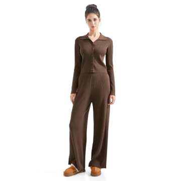 SUUKSESS Women Knit Long Sleeve Lounge Sets Ribbed Button Down Matching Comfy Two Piece Sets (Brown,M)