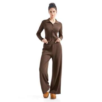 SUUKSESS Women Knit Long Sleeve Lounge Sets Ribbed Button Down Matching Comfy Two Piece Sets (Brown,M)