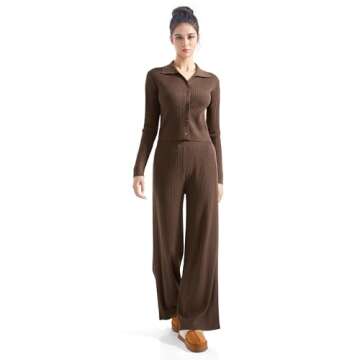 SUUKSESS Women Knit Long Sleeve Lounge Sets Ribbed Button Down Matching Comfy Two Piece Sets (Brown,M)