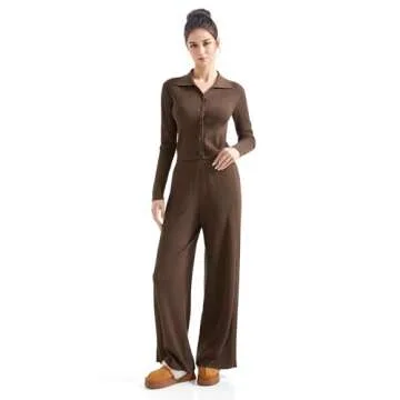 SUUKSESS Women Knit Long Sleeve Lounge Sets Ribbed Button Down Matching Comfy Two Piece Sets (Brown,M)
