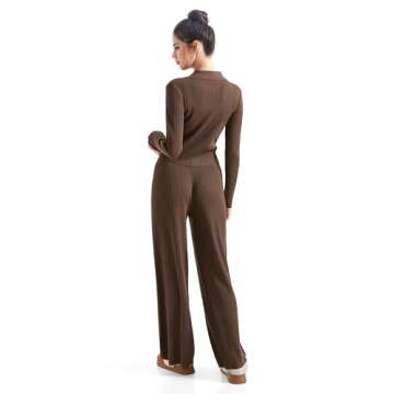 SUUKSESS Women Knit Long Sleeve Lounge Sets Ribbed Button Down Matching Comfy Two Piece Sets (Brown,M)