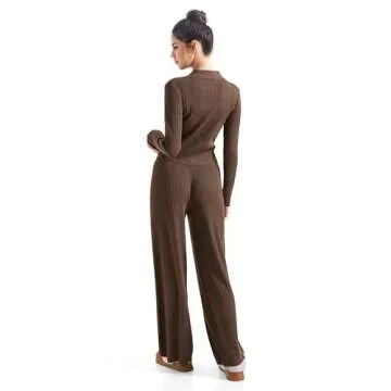SUUKSESS Women Knit Long Sleeve Lounge Sets Ribbed Button Down Matching Comfy Two Piece Sets (Brown,M)