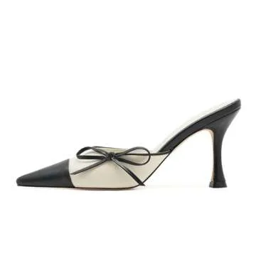 ATBELL Bow Tie Kitten Heels for Women Pointed Toe Leather Stiletto Heel Mules Patchwork Vintage Heel...