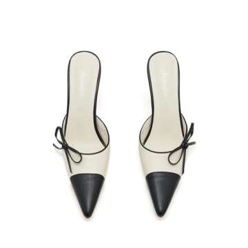 ATBELL Bow Tie Kitten Heels for Women Pointed Toe Leather Stiletto Heel Mules Patchwork Vintage Heeled Sandals Dress Pumps in White Size 7