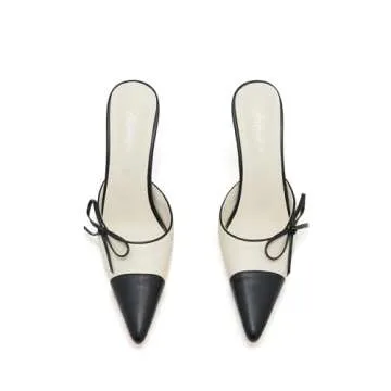 ATBELL Bow Tie Kitten Heels for Women Pointed Toe Leather Stiletto Heel Mules Patchwork Vintage Heeled Sandals Dress Pumps in White Size 7