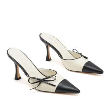 ATBELL Bow Tie Kitten Heels for Women Pointed Toe Leather Stiletto Heel Mules Patchwork Vintage Heeled Sandals Dress Pumps in White Size 7