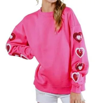 Faretumiya Women Heart Print Sequin Sweatshirt Romantic Love Graphic Shirt Valentine's Day Long Slee...