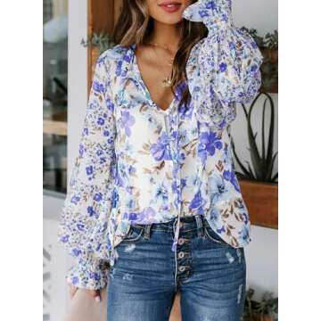 Biucly Womens Casual Floral Print Long Sleeve Boho Blouses Dressy Casual V Neck Button Down Shirt Fl...