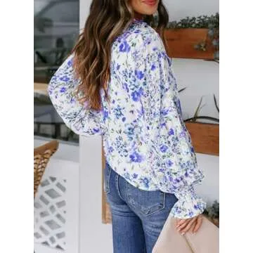 Biucly Womens Casual Floral Print Long Sleeve Boho Blouses Dressy Casual V Neck Button Down Shirt Flowy Cute Spring Tops for Women 2025 Trendy,US 12-14(L),Floral Blue