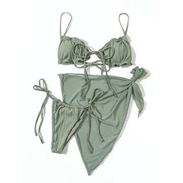 Lilosy Sexy 3 Piece Skirt Cover Ups Bikini Set Ruffle Ribbed G String Tie Triangle Thong Coverups Swimsuit Women High Cut Cheeky Brazilian Bottom Bathing Suit Mint Green 3# Small
