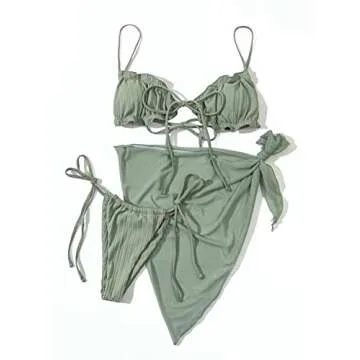 Lilosy Sexy 3 Piece Skirt Cover Ups Bikini Set Ruffle Ribbed G String Tie Triangle Thong Coverups Swimsuit Women High Cut Cheeky Brazilian Bottom Bathing Suit Mint Green 3# Small