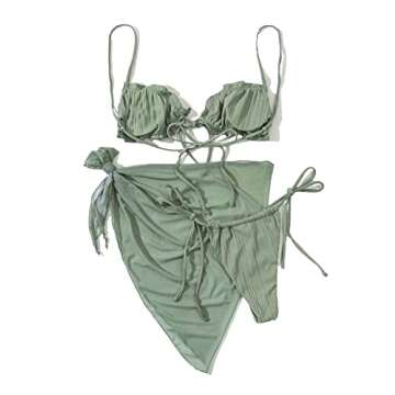 Lilosy Sexy 3 Piece Skirt Cover Ups Bikini Set Ruffle Ribbed G String Tie Triangle Thong Coverups Swimsuit Women High Cut Cheeky Brazilian Bottom Bathing Suit Mint Green 3# Small