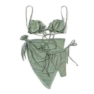 Lilosy Sexy 3 Piece Skirt Cover Ups Bikini Set Ruffle Ribbed G String Tie Triangle Thong Coverups Swimsuit Women High Cut Cheeky Brazilian Bottom Bathing Suit Mint Green 3# Small