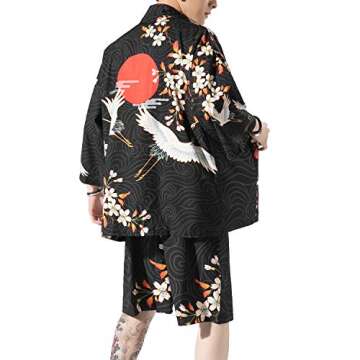 PRIJOUHE Japanese Kimono for Men - Lightweight Open Front Bathrobe with Shorts