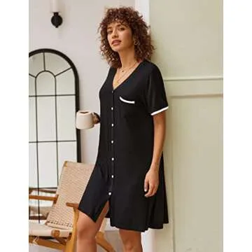 Ekouaer Nightgowns for Women Button Down Pajamas Tops Short Sleeve Sleepwear V-Neck Sleepwear Black S