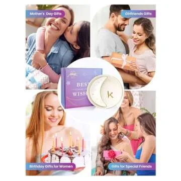 AISBUGUR Initial Jewelry Dish Set of 2, 4.9" Personalized Ceramic Jewelry Tray for Women,Monogrammed Ring Dish Engagement Gift with a Moon Tray for Her -k