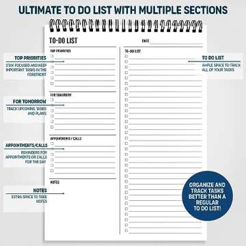 To Do List Notepad 8.5x11" - Has Multiple Functional Sections - Large Size, 52 Sheets - Spiral Daily Planner Notebook - Task Checklist Organizer Agenda Pad for Work, Note and Todo Organization