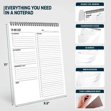 To Do List Notepad 8.5x11" - Has Multiple Functional Sections - Large Size, 52 Sheets - Spiral Daily Planner Notebook - Task Checklist Organizer Agenda Pad for Work, Note and Todo Organization