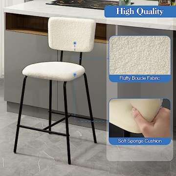 White Counter Height Bar Stools Set of 4 - Modern Upholstered Boucle Fabric Bar Chairs with Back & F...