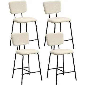 White Counter Height Bar Stools Set of 4 - Modern Upholstered Boucle Fabric Bar Chairs with Back & Footrest Armless Bar Stool for Kitchen, Bistro, Pub, Dining Room Counter Island