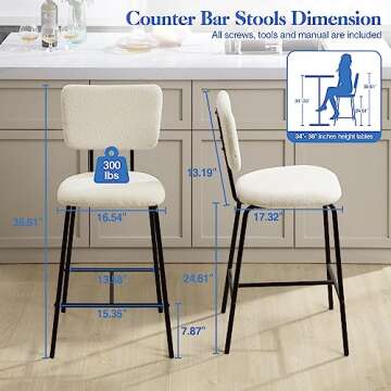 White Counter Height Bar Stools Set of 4 - Modern Upholstered Boucle Fabric Bar Chairs with Back & Footrest Armless Bar Stool for Kitchen, Bistro, Pub, Dining Room Counter Island