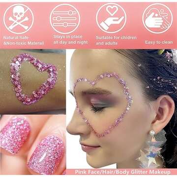Go Ho Pink Face Body Glitter Gel,Singer Concerts Pink Face Paint Makeup Holographic Chunky Sequins G...