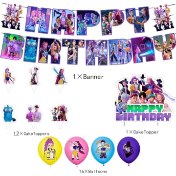 Korean Idol Demon Hunters Birthday Decorations, Complete Party Set with Balloons and Cake Toppers
