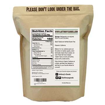 Anthony's Organic Whole Cashews, 1 lb, Raw, Unsalted & Gluten Free
