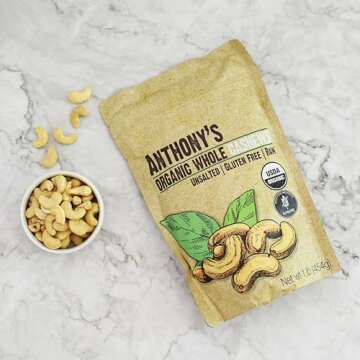 Anthony's Organic Whole Cashews, 1 lb, Raw, Unsalted & Gluten Free
