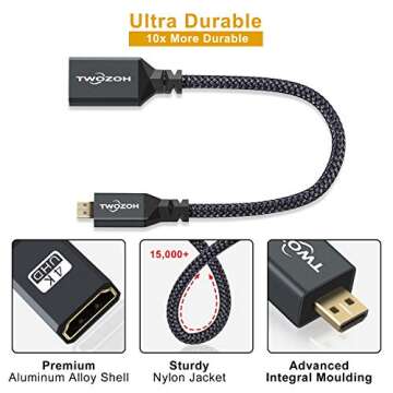 Twozoh Micro HDMI to HDMI Adapter Cable, Nylon Braided Micro HDMI Male to HDMI Female Cable (Type D to Type A) Support 4K/60Hz 1080p (0.6FT)