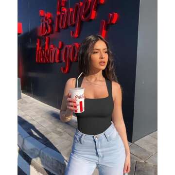 eoeoo Women's Sexy Sleeveless Square Neck Ribbed Strappy Tank Tops One Piece Bodysuits Black Large