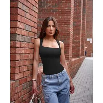eoeoo Women's Sexy Sleeveless Square Neck Ribbed Strappy Tank Tops One Piece Bodysuits Black Large