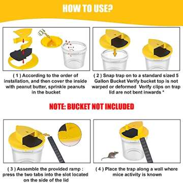 Mouse Trap Bucket, Flip and Slide Bucket Lid Mouse Trap, Humane or Lethal, Trap Door Style, Multi Catch, Auto Reset, Indoor Outdoor, No See Kill, 5 Gallon Bucket Compatible (Yellow)