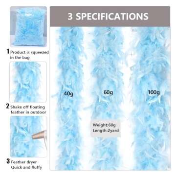 THARAHT Baby Blue Chandelle Turkey Feather Boa 2 Yards 60g for DIY Craft Home Dancing Wedding Party ...