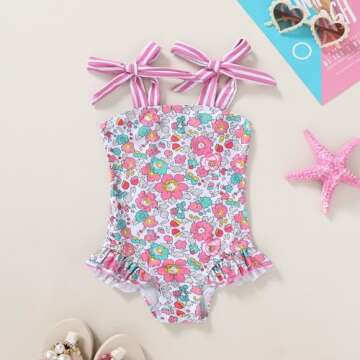 YOUNGER TREE Toddler Swimsuit for Girls - Color Block Stripe Design in Pink Floral - 2-3T