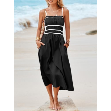 Wenrine Womens Summer Spaghetti Strap Midi Dress Sleeveless Tie Strap Contrast Color Casual Smocked Ruffle Dresses Black