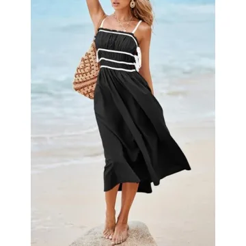 Wenrine Womens Summer Spaghetti Strap Midi Dress Sleeveless Tie Strap Contrast Color Casual Smocked Ruffle Dresses Black