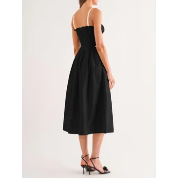 Wenrine Womens Summer Spaghetti Strap Midi Dress Sleeveless Tie Strap Contrast Color Casual Smocked Ruffle Dresses Black