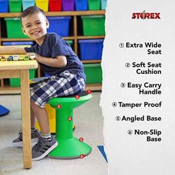 Storex Wiggle Stool – Active Flexible Seating for Classroom and Home Study, Adjustable 12-18 Inch Height, Green (00304U01C)