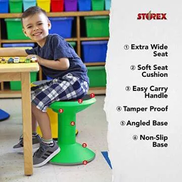 Storex Wiggle Stool – Active Flexible Seating for Classroom and Home Study, Adjustable 12-18 Inch Height, Green (00304U01C)