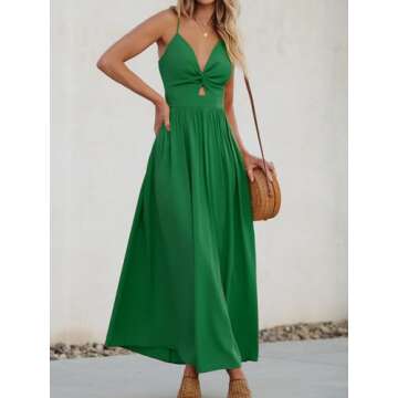 CUPSHE Women's Twisted Dress V Neck Sleeveless Long Dress Pleated Self Tie Back Adjustable Cami Maxi Dress Green, M