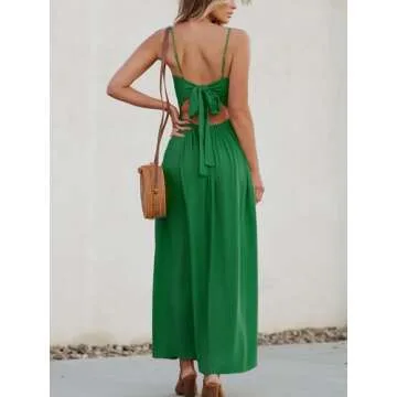CUPSHE Women's Twisted Dress V Neck Sleeveless Long Dress Pleated Self Tie Back Adjustable Cami Maxi Dress Green, M