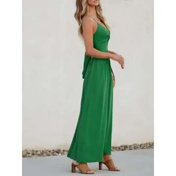 CUPSHE Women's Twisted Dress V Neck Sleeveless Long Dress Pleated Self Tie Back Adjustable Cami Maxi Dress Green, M