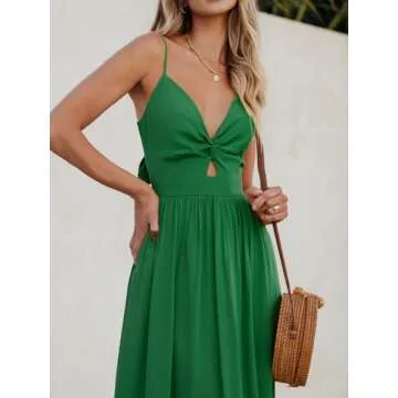 CUPSHE Women's Twisted Dress V Neck Sleeveless Long Dress Pleated Self Tie Back Adjustable Cami Maxi Dress Green, M