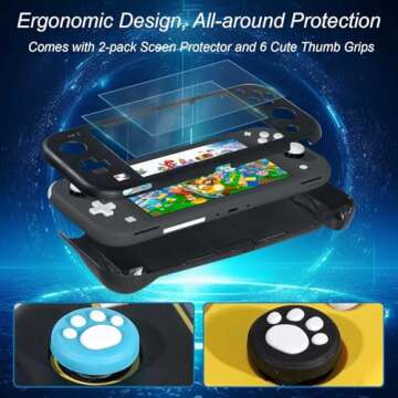 Accessories Kit for Nintendo Switch Lite - YOOWA Accessories Bundle with Carrying Case Protective Cover case and 2-Pack Tempered Glass Screen Protector, Adjustable Play Stand, 6 Thumb Grips